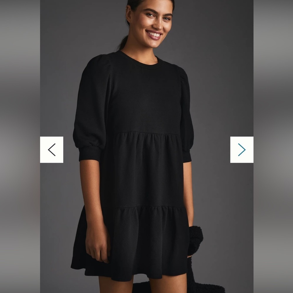 ANTHROPOLOGIE T.LA WOMEN'S BLACK PUFF SHORT SLEEVE dress casual tiered fall L - Picture 2 of 8